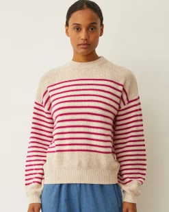 MONROW Wool Cashmere Stripe Sweater OATMEAL/FUCHSIASTRIPE Online